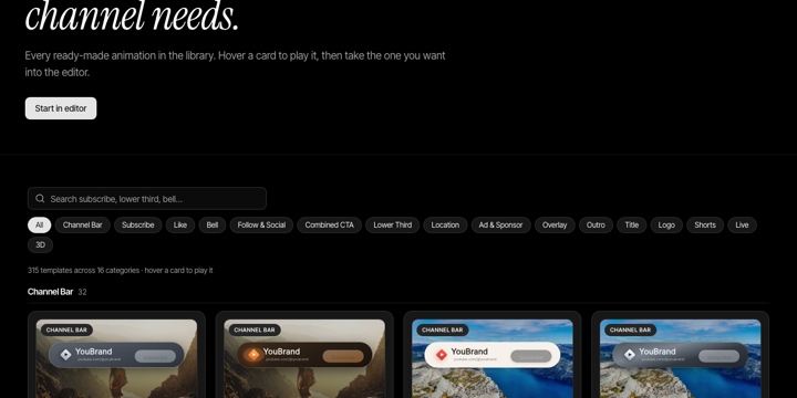 The template library, a grid of animated cards