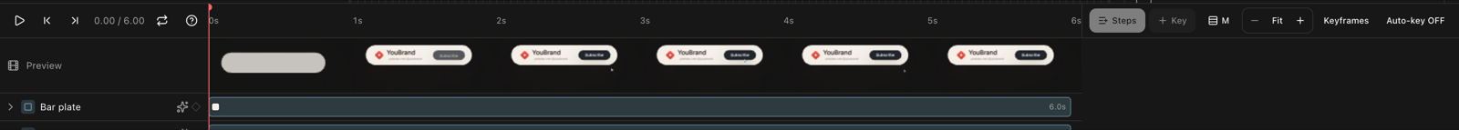 The timeline's preview row showing six wide frames of a channel bar, the channel name and subscribe button legible in each