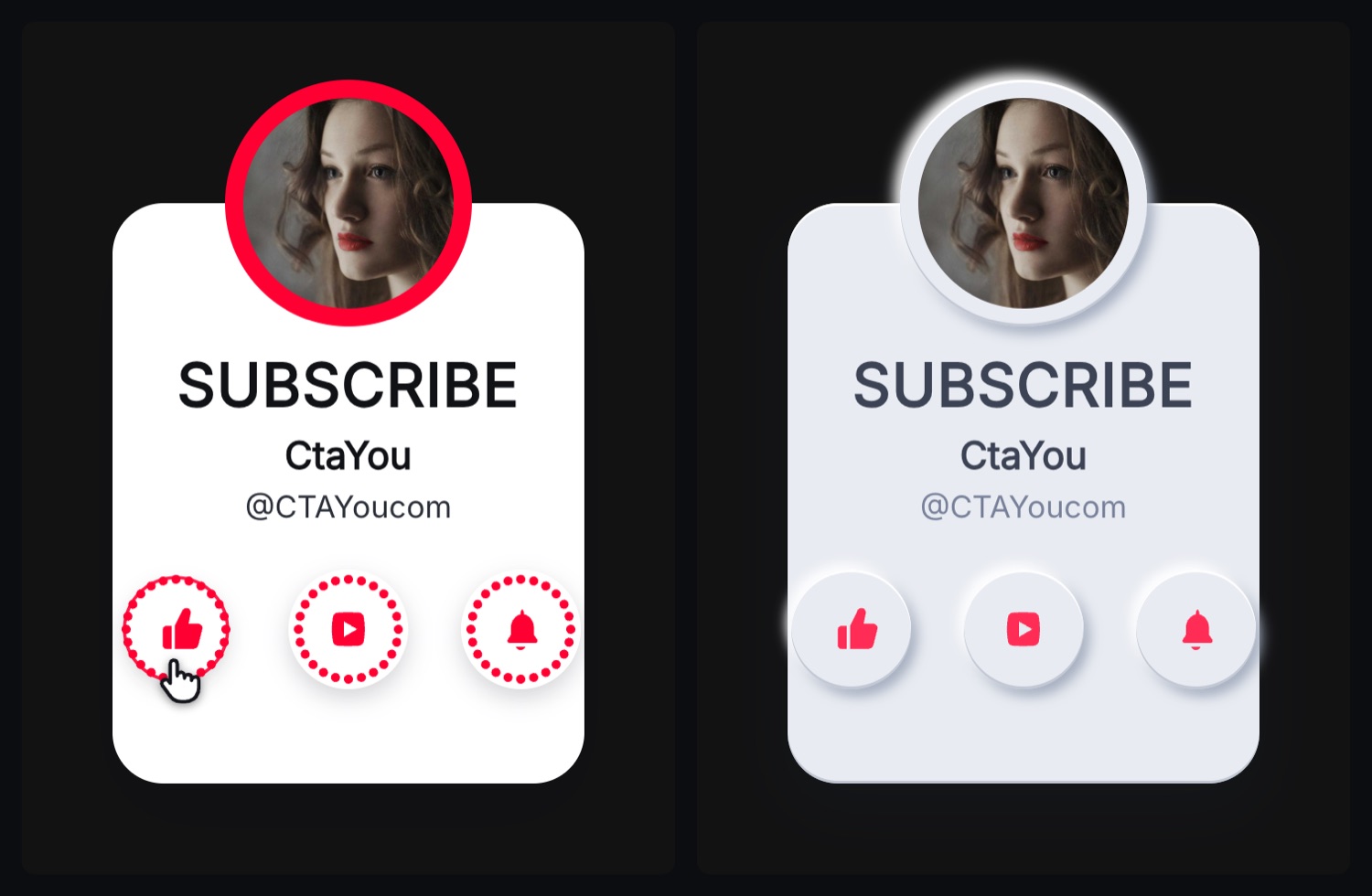 Two portrait subscribe cards side by side: a white one with a red ring and buttons ringed with red dots, a hand pressing the first, and beside it the same card in pale soft relief with the red reduced to the glyphs