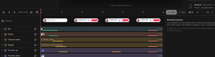 The editor's timeline: a row of preview frames above named property lines with coloured keyframe diamonds