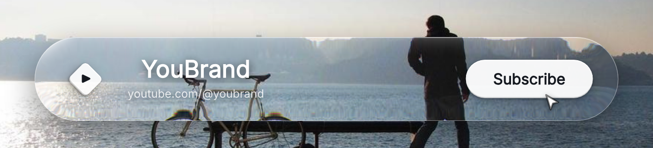 A clear glass channel bar over a seaside photograph, the hills and a bicycle behind it enlarged and sharp, with a thin thread of light along the top edge