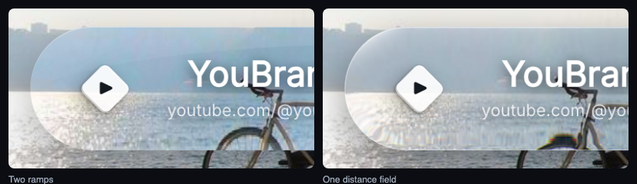 Two crops of the same channel bar over the same photograph: on the left a milky pane with the water smeared flat at the rounded end, on the right a clear pane with the water sharp, magnified, and wrapping around the end