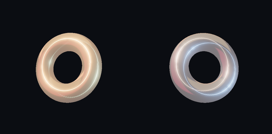 The same ring twice: warm amber gold on the left, cool blue-silver chrome on the right