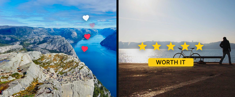 Two vertical frames side by side: hearts rising over a fjord, and five gold stars above a WORTH IT chip over a beach