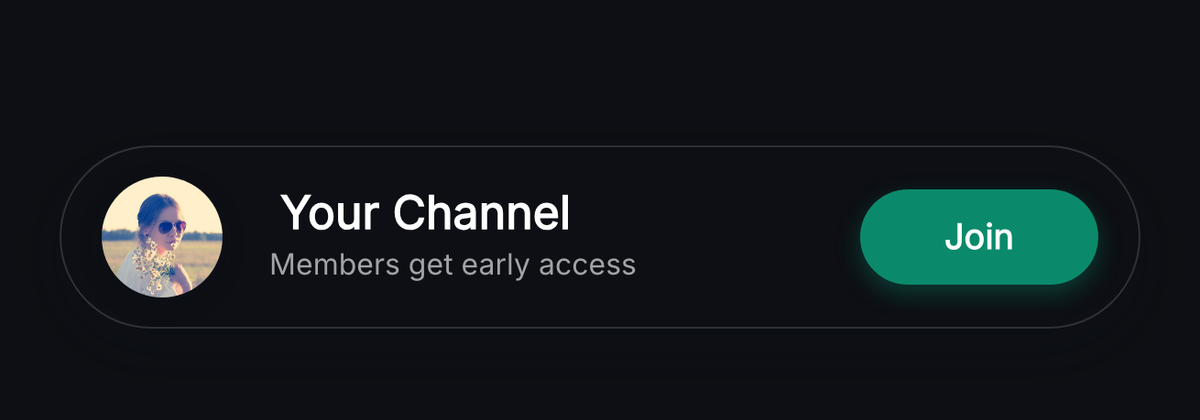 A dark channel bar with an avatar, a membership perk line and a green Join button