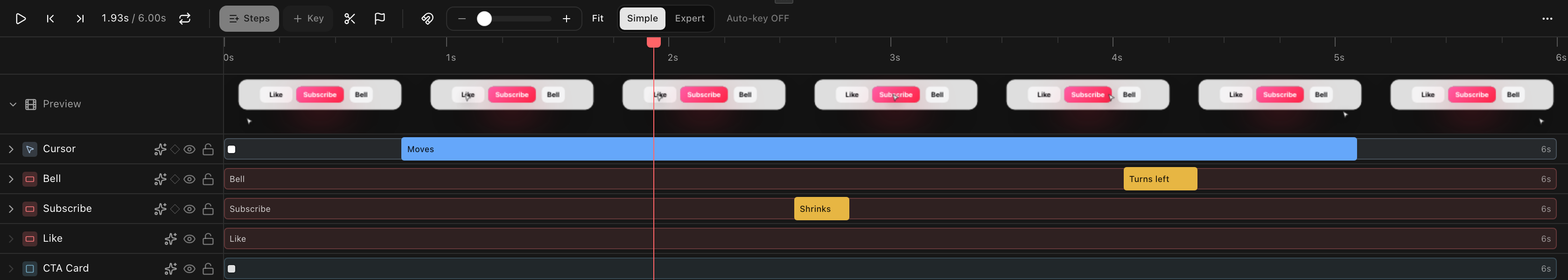 The editor's timeline with the playhead position written in seconds and the ruler marked 0s, 1s, 2s