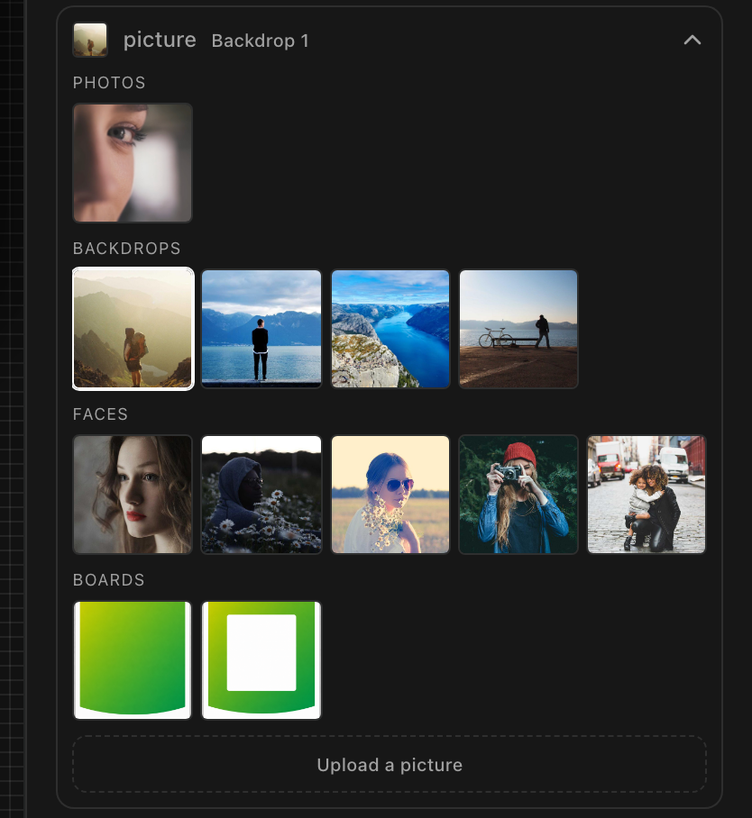 A grid of twelve picture thumbnails on shelves named photos, backdrops, faces and boards, inside the editor's properties panel