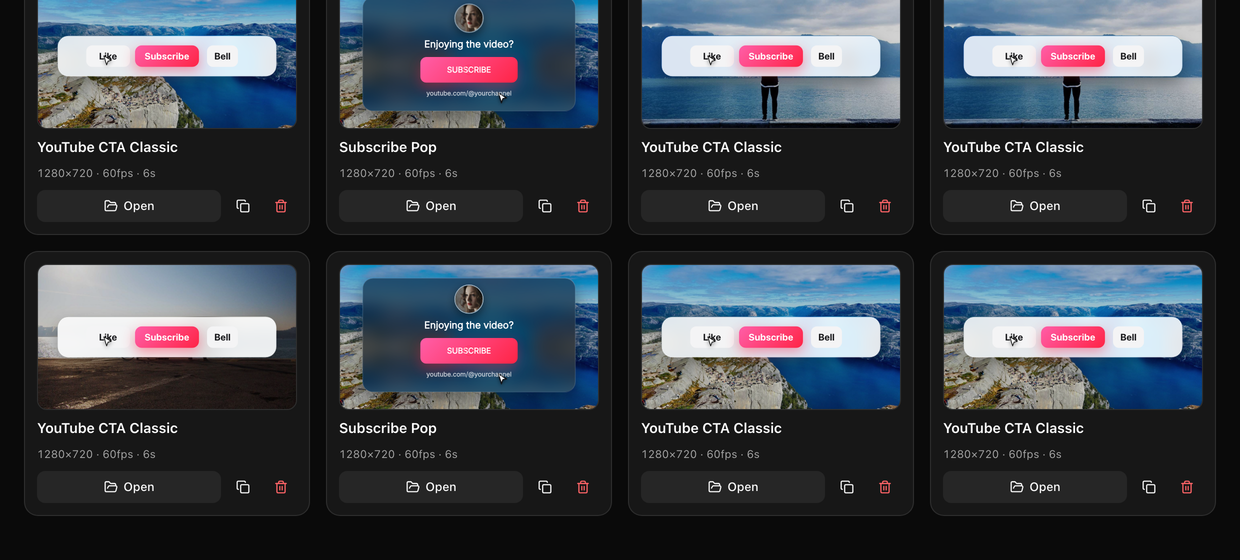 The editor's project list, each project a card with its own preview and title