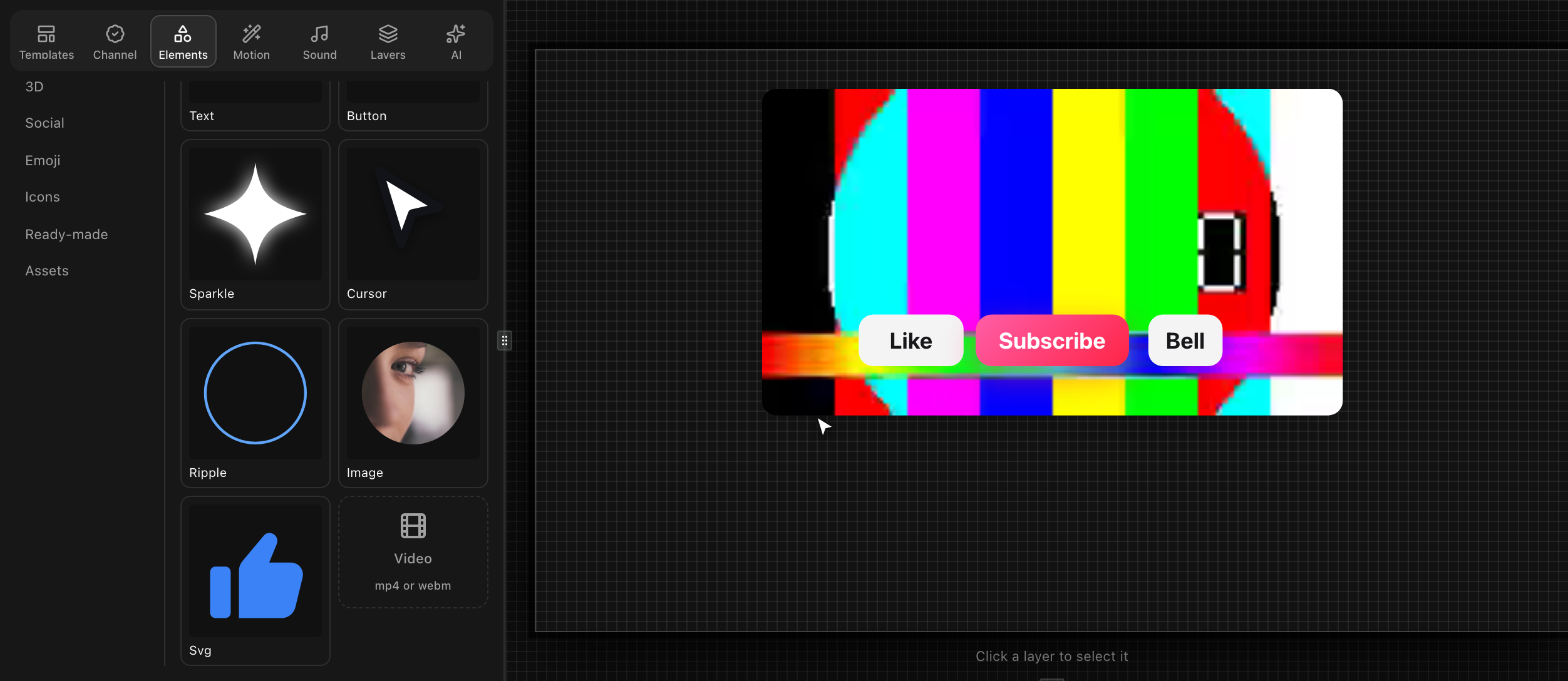 The editor with a clip on the canvas under a subscribe bar, and a video card on the elements shelf beside it