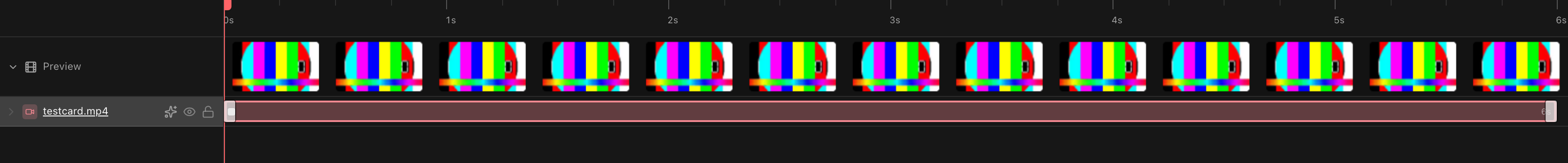 A video layer on the editor timeline, named testcard.mp4, with the clip's own frames drawn along the preview strip above it