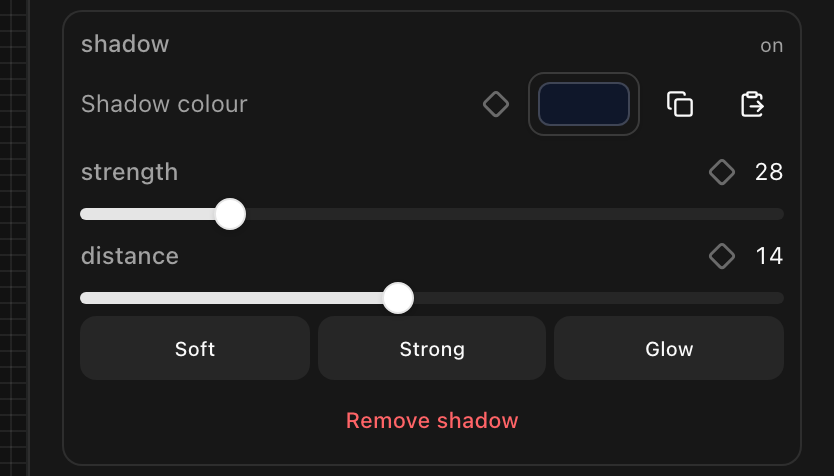 The shadow section of the properties panel, with keyframe diamonds beside strength, distance and colour