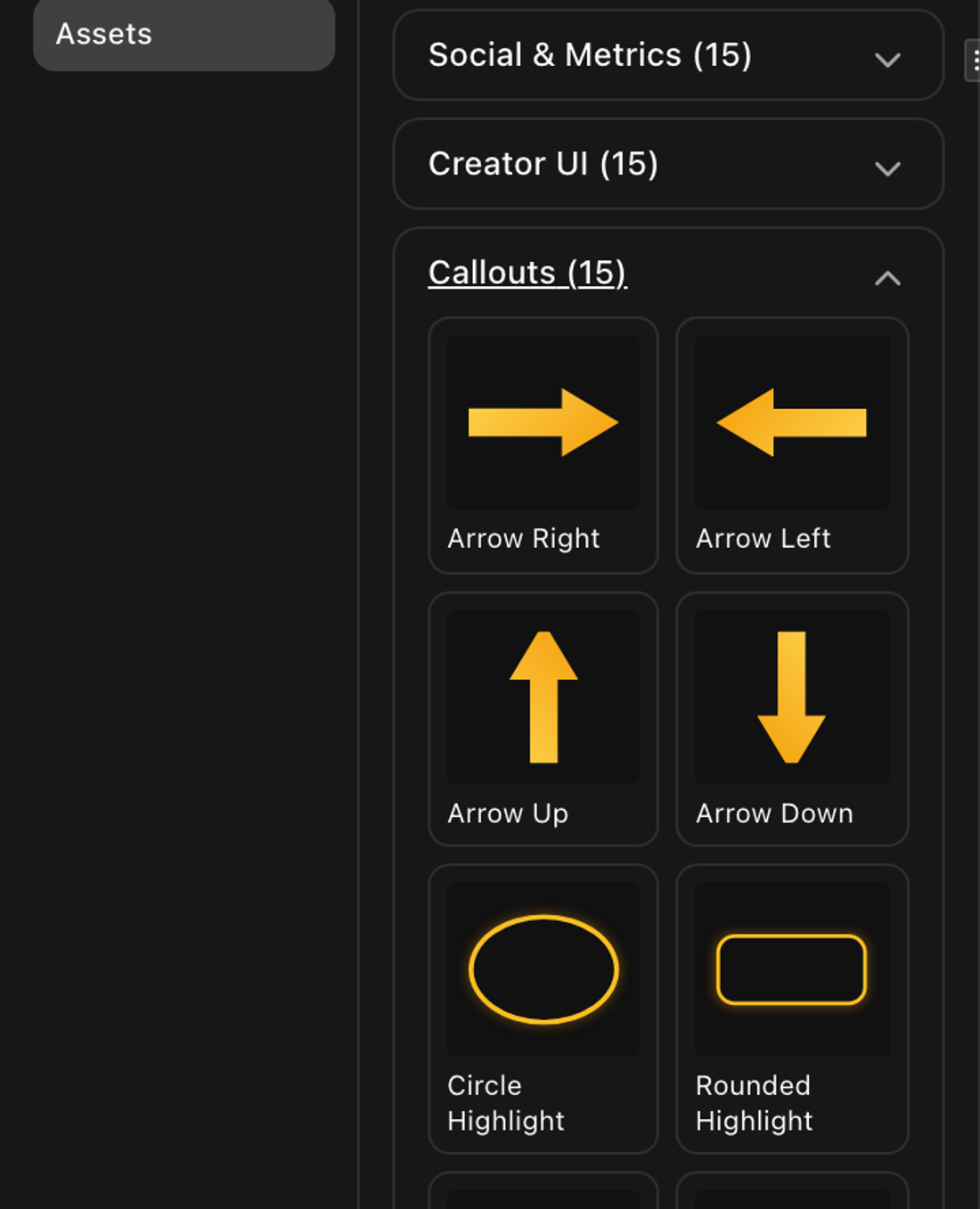 The asset shelf with the callouts open, showing four arrows pointing four ways and two highlight rings