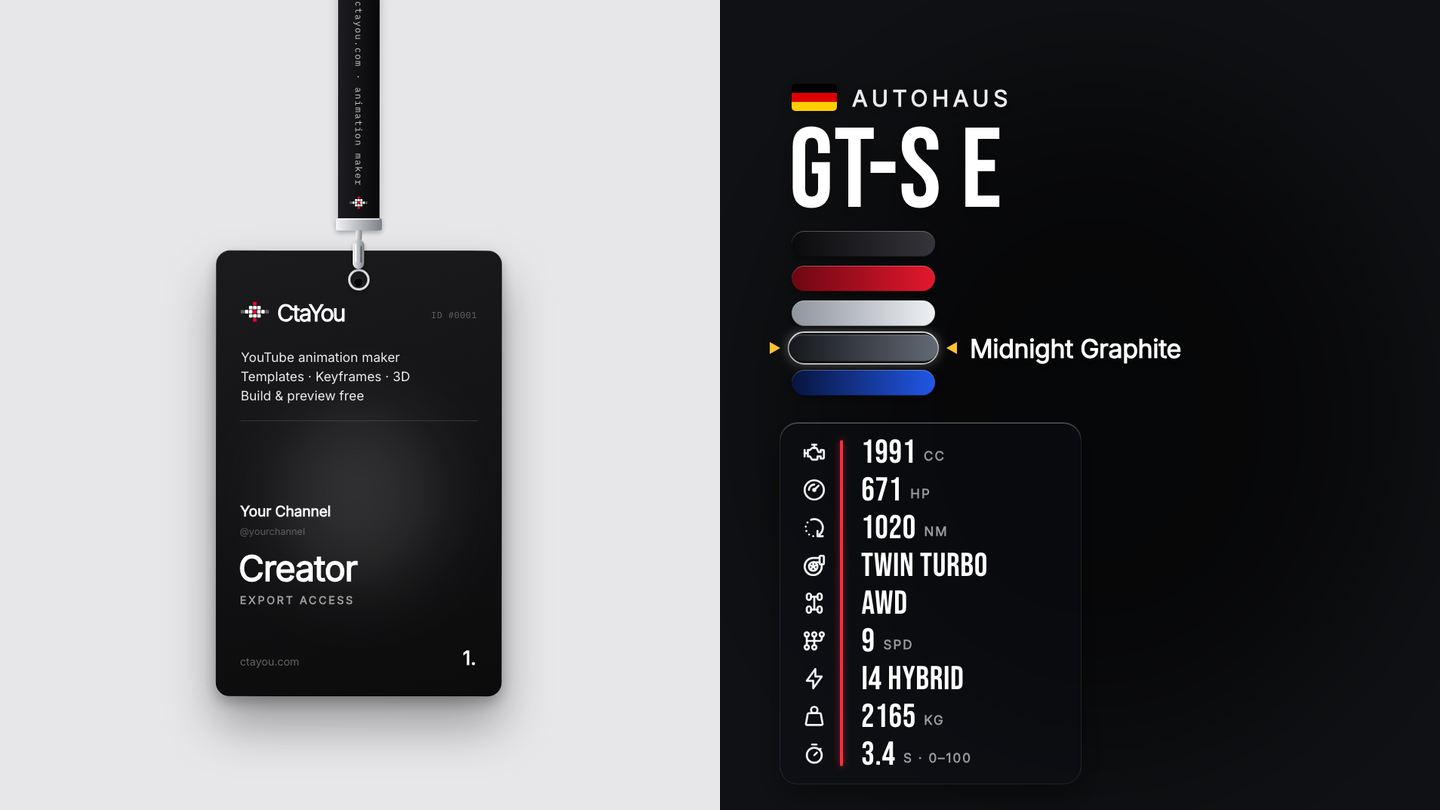 The Lanyard Pass hanging on its strap over pale grey, beside the Car Spec Card's paint picker and glass panel of specs over dark grey