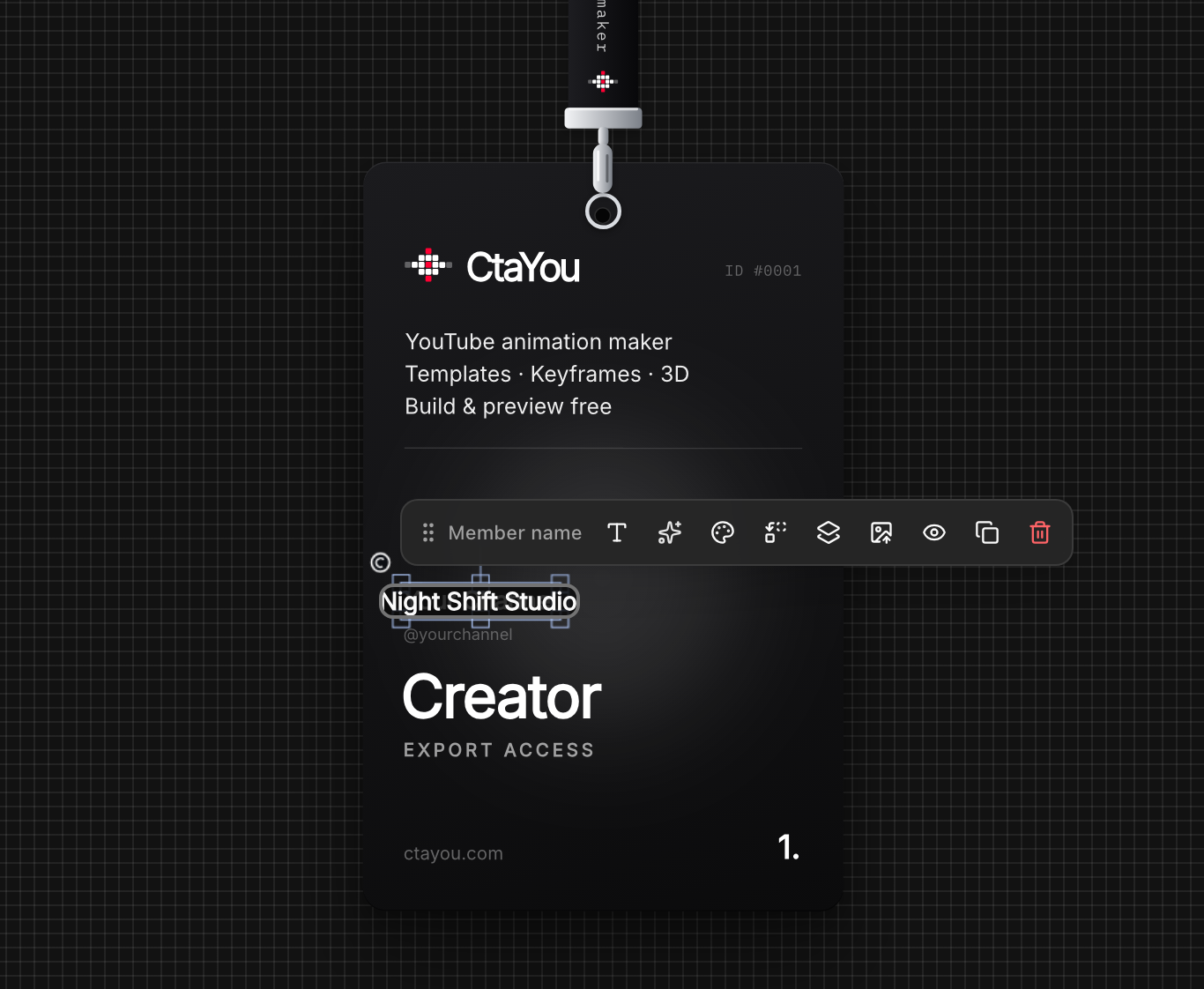 The Lanyard Pass open in the editor, its name line being retyped in place as Night Shift Studio, with a bar above it naming the one layer, Member name