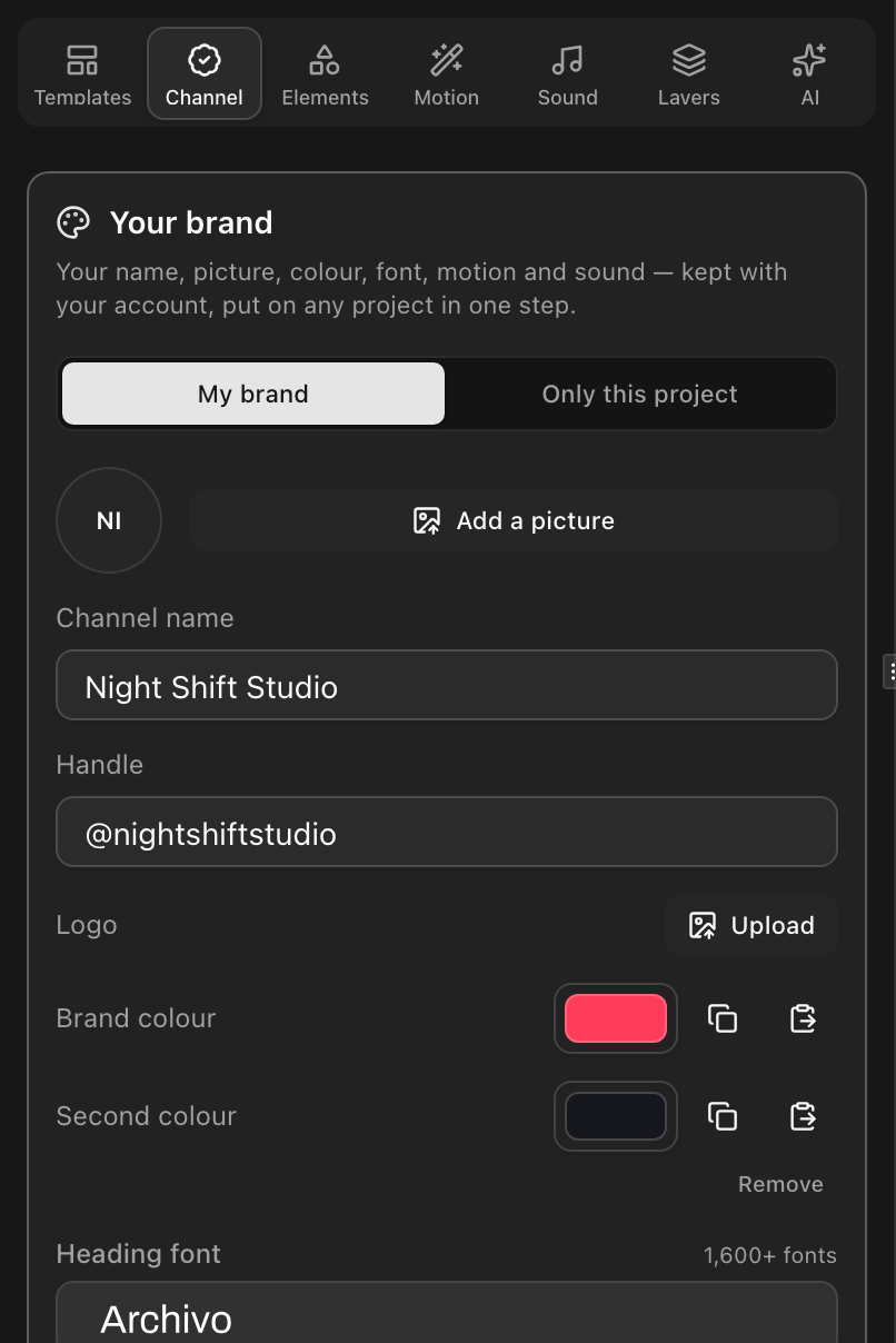 The Your brand panel in the Channel tab, filled in for Night Shift Studio: handle, logo upload, a red brand colour and a near-black second colour, and Archivo as the heading font