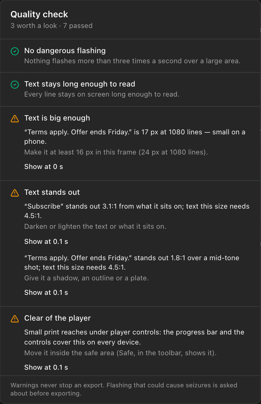 The quality check open over a project: three findings worth a look — text too small, text that does not stand out, and small print under the player's controls — and the rest passed