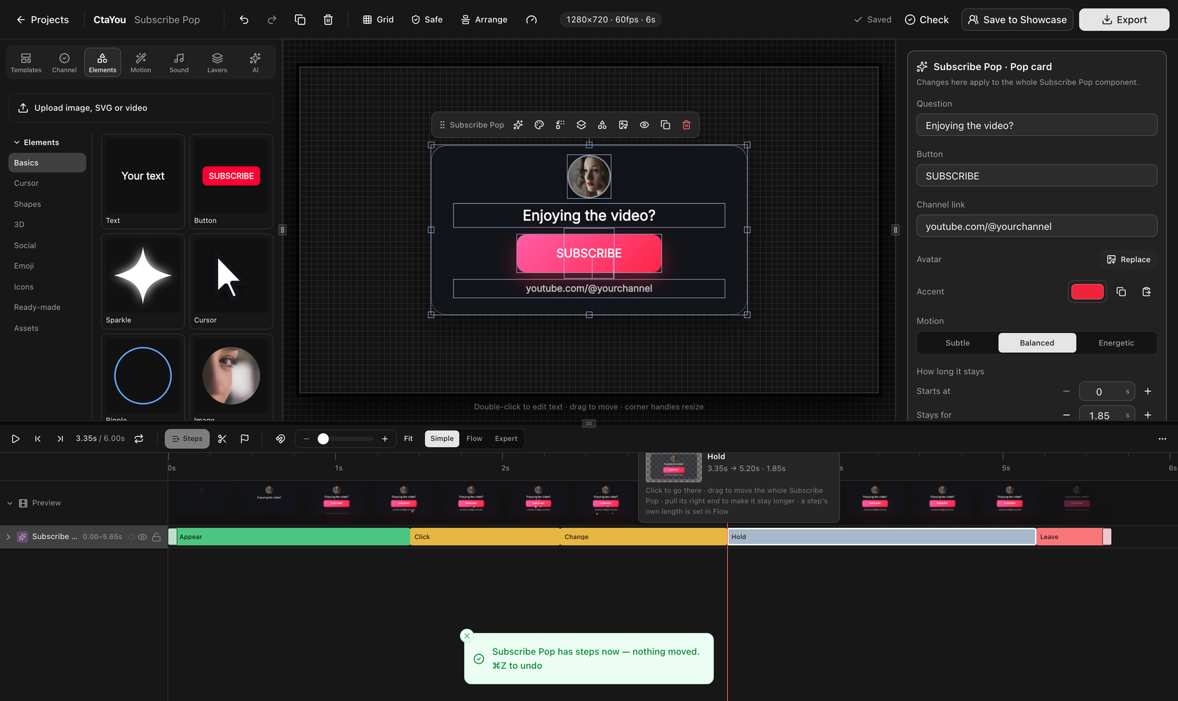 The editor in Simple with Subscribe Pop as a component: its five steps in a coloured row on the timeline and its question, button, channel link and accent in the panel on the right