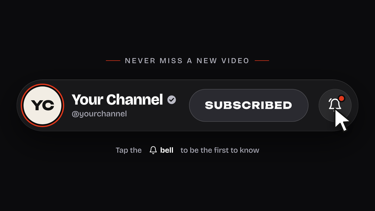 The Subscribe Banner: Never miss a new video above a dark glass bar with a YC avatar, Your Channel and its handle, a Subscribed button and a cursor on the bell