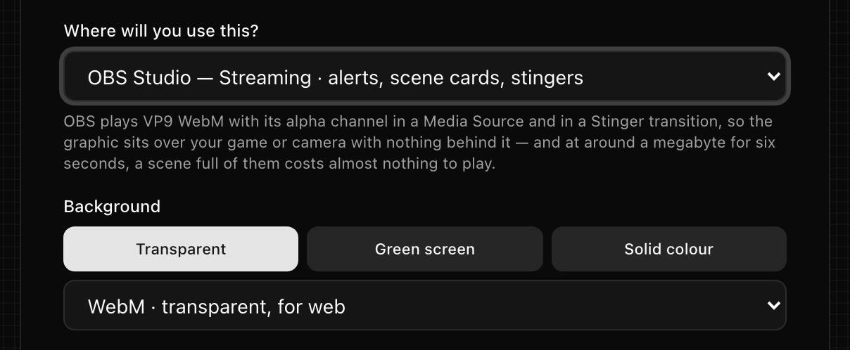 The export panel with OBS Studio chosen and WebM with transparency set as the format