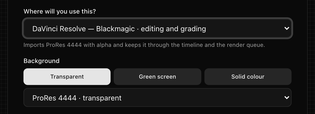 The export panel with DaVinci Resolve chosen and ProRes 4444 set as the format