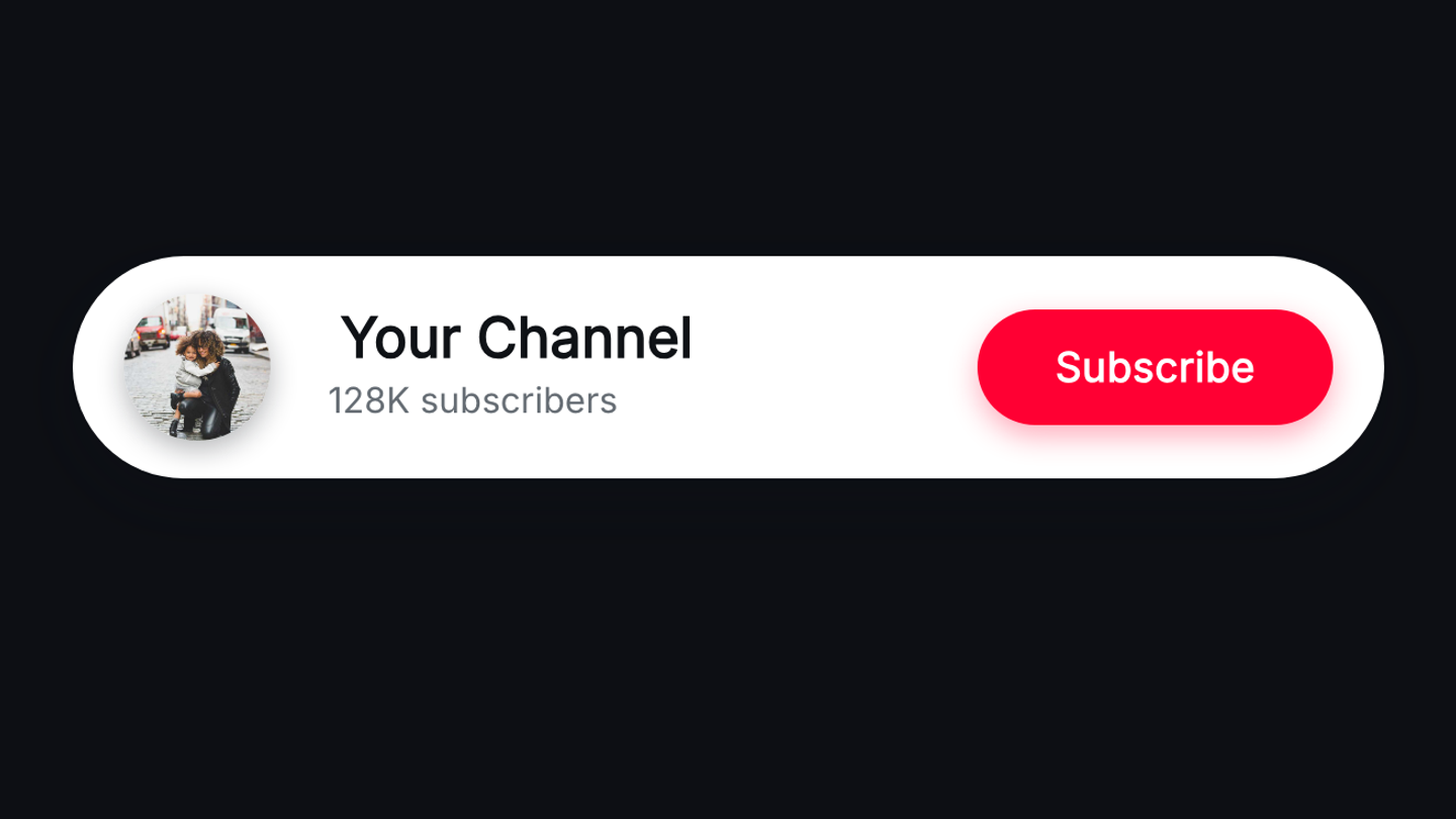 A white channel bar with an avatar, a subscriber count and a red subscribe button, anchored at the top of the frame