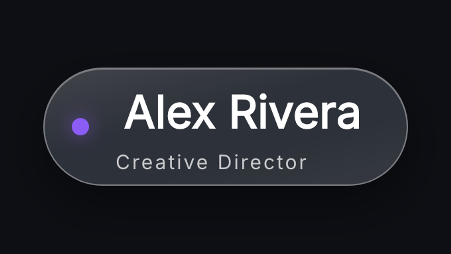 A name and title on a frosted plate, sitting in the lower quarter of the frame clear of the player controls