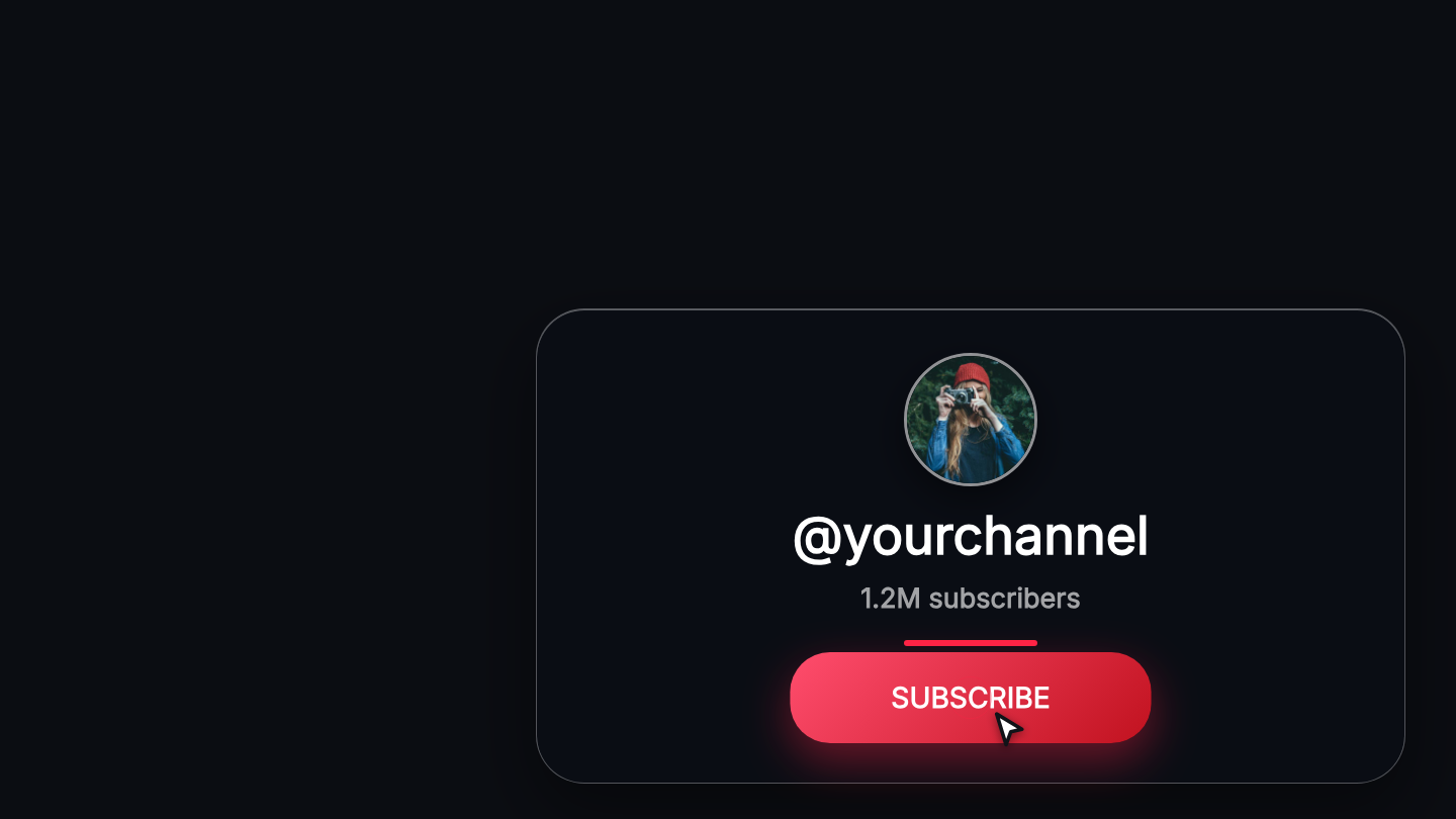 A dark subscribe card carrying a channel handle and a subscriber count